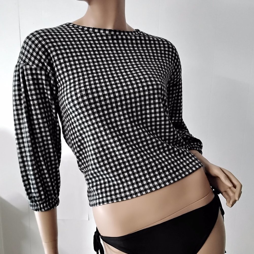 Old Navy top fleece black white Plaid Size L(10-12)Junior crop 3/4 sleeves *005